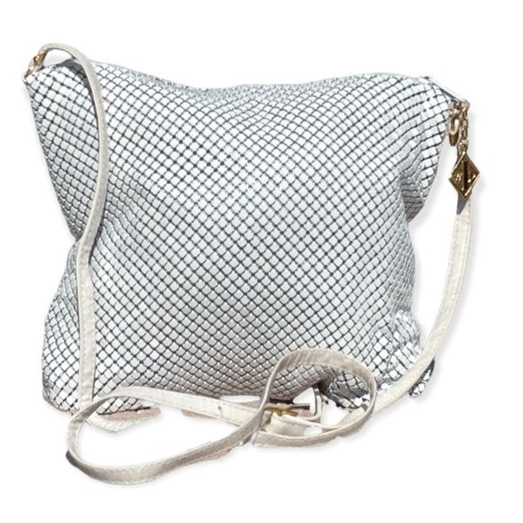 Whiting And Davis White Mesh Disco Evening Bag Crossbody Purse Leather Strap - Picture 1 of 7